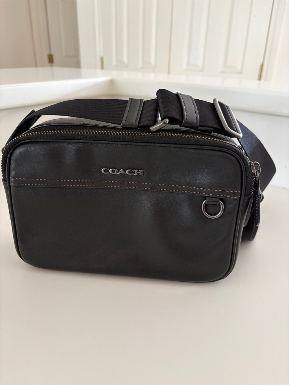 Coach Black Leather Crossbody Belt Bag with Silver-Tone Hardware